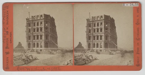 Vista estereográfica del First National Bank después del incendio de Chicago de 1871